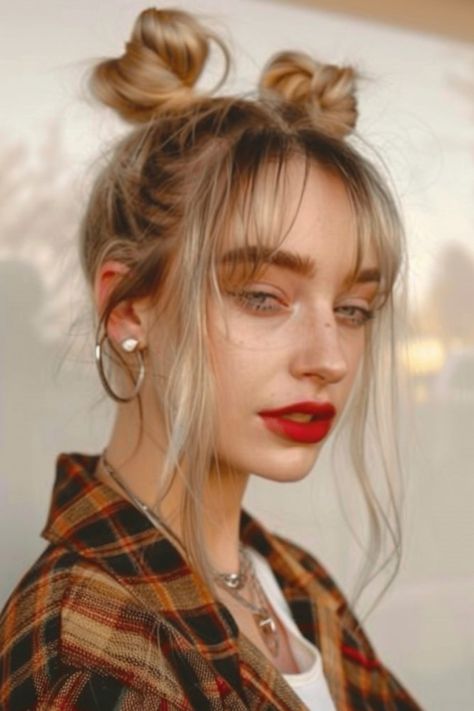 Woman with double-bun hairstyle, wearing plaid shirt and hoop earrings. 90s Grunge Aesthetic Hair, 90s Grunge Hairstyle, Grunge Hairstyles Medium, Rocker Hairstyle, 90s Grunge Haircut, 80s Rocker Hair, 90s Hairstyles Grunge, Rock Chick Hair, 90s Grunge Hairstyles