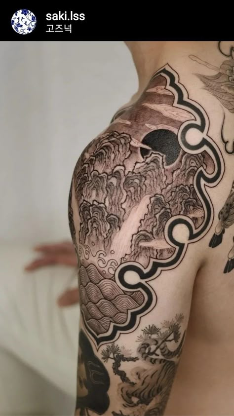 Porcelain Mountain Tattoo by Saki Traditional Korean Tattoo Design, Korean Tattoo Style, Porcelain Style Tattoo, Korean Sleeve Tattoo, Korean Tattoo Sleeve, Korean Traditional Tattoo, Tattoo Korean Style, Korean Flower Tattoo, Korean Style Tattoo