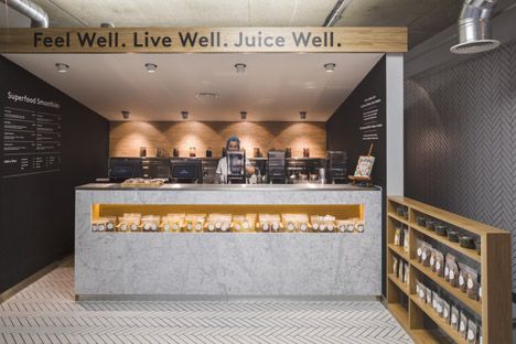 Gym Coffee Bar, Juice Bar Interior, Juice Bar Design, Smoothie Bar, Gym Interior, Interior Signs, London Interior, Studio Interior Design, Herringbone Floor