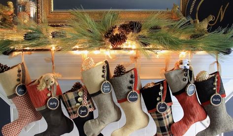 How to Hang Christmas Stockings: With a Mantel Shelf No Fireplace Mantel, Christmas Stockings Ideas, Stocking Shelves, Hook Ideas, Vintage Skis, Stocking Hooks, Hanging Christmas Stockings, Burlap Trees, Mantel Ideas