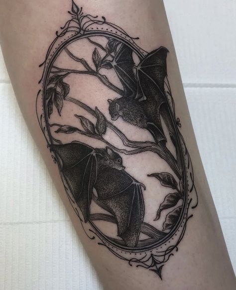 Bat Leg Tattoo, Gothic Bat Tattoo, Bat Tattoo Gothic, Bats Tattoo Design, Framed Tattoo, Goth Tattoo, Bat Tattoo, Spooky Tattoos, Tattoos Inspo