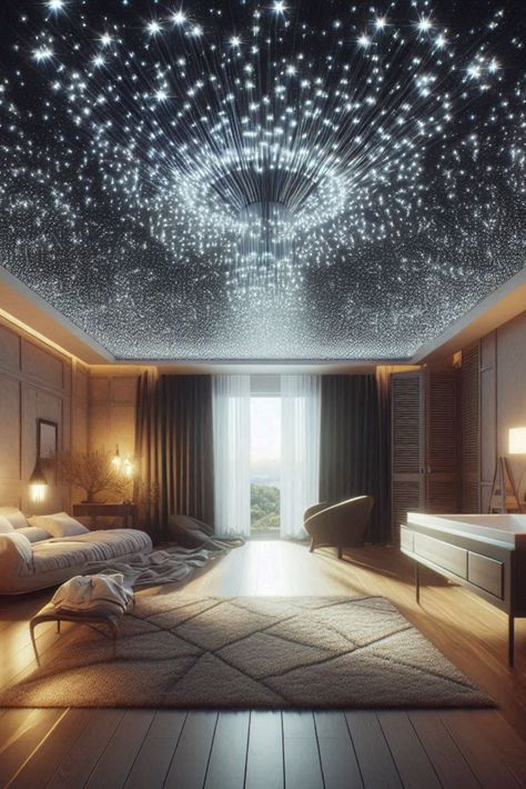 Create a magical atmosphere with a fiber optic starry ceiling. Turn your bathroom into a celestial retreat. #FiberOpticLighting #StarryCeiling Fiber Optic Ceiling, Starry Ceiling, Fiber Optic Lighting, Star Ceiling, Lighting Ideas, Fiber Optic, Hotel Room, Hotels Room, Bathroom Lighting