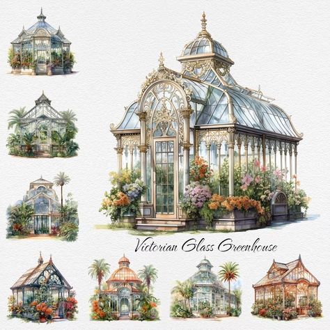 Victorian Glass Greenhouse, Glass House Garden Greenhouse Ideas, The Sims 4 Greenhouse, Fancy Greenhouse, Stained Glass Greenhouse, Victorian Green House, Greenhouse Exterior, Greenhouse Painting, Greenhouse Architecture