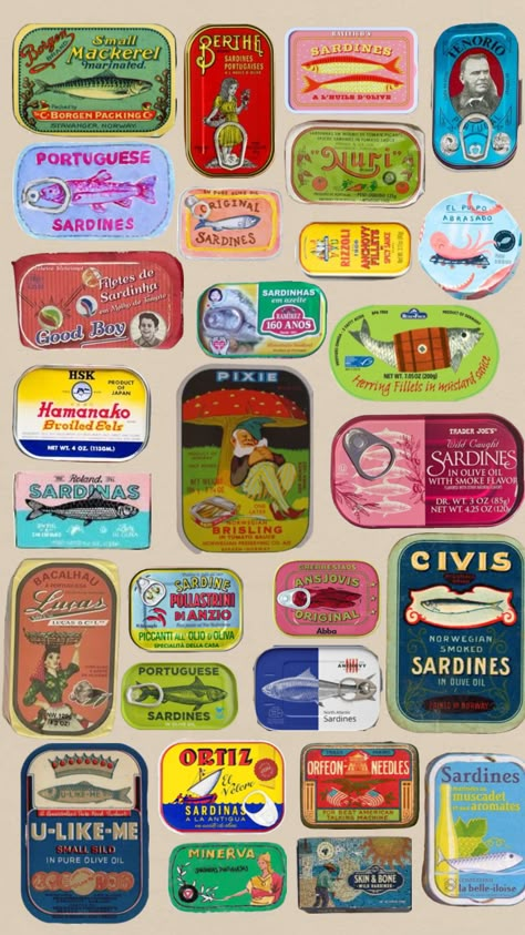 Tin fish date night lol #fish#tin#wallpaper Tin Fish Packaging, Tinned Fish Drawing, Fishwife Tinned Fish, Tin Fish Art, Tinned Fish Tattoo, Tinned Fish Art, Tinned Fish Packaging, Tinned Fish Aesthetic, Fish Tin