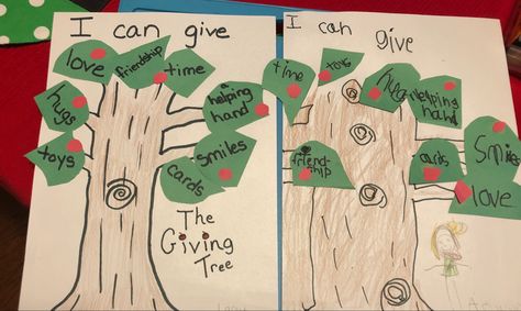 Guided lesson with kindergartener. Read The Giving Tree and then discuss ways we can give back to others. The Giving Tree Kindergarten Activities, The Giving Tree Craft, Giving Tree Craft, Kindergarten Bulletin Boards, Giving To Others, Giving Tree, Tree Study, Space Camp, The Giving Tree