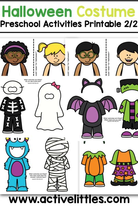 halloween costume preschool activities printable Preschool Paper Dolls Free Printable, Halloween Candy Activities For Kids, Halloween Social Studies Preschool, Dramatic Play Halloween Preschool, Halloween Classroom Activities Preschool, Preschool Halloween Dramatic Play, Pajama Preschool Activities, Halloween Week Activities Preschool, Halloween Large Group Activities