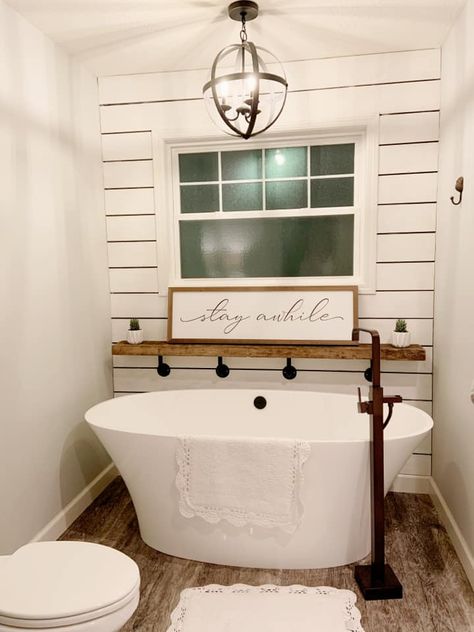 Tub Nook, New House Bathroom, Shabby Home, Bathroom Farmhouse Style, Soaker Tub, Master Bath Remodel, Plumbing Fittings, Modern Farmhouse Bathroom, Bathroom Remodel Designs