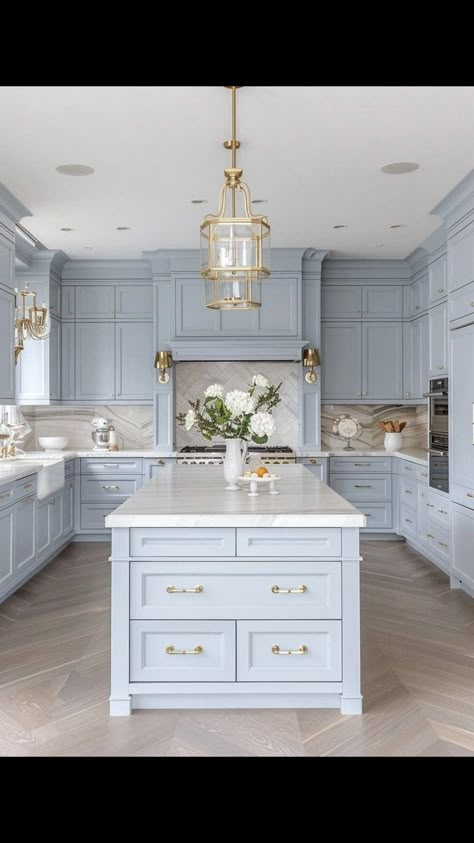 Bathroom And Kitchen Ideas, Cool Tones Kitchen, Dusty Blue Kitchen Island, Blue And Gold Kitchen Decor Ideas, Contemporary Blue Kitchen, Blue Brown White Kitchen, European Style Kitchen Modern, Best Blue For Kitchen Cabinets, Navy Blue House Decor