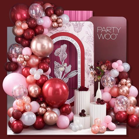 Burgundy Balloons, Pink Balloon Arch, Bridal Shower Wine Theme, Pink Balloon Garland, Red Baby Shower, Red Birthday Party, Balloon Arch Kit, Glitter Balloons, Red And Pink Roses