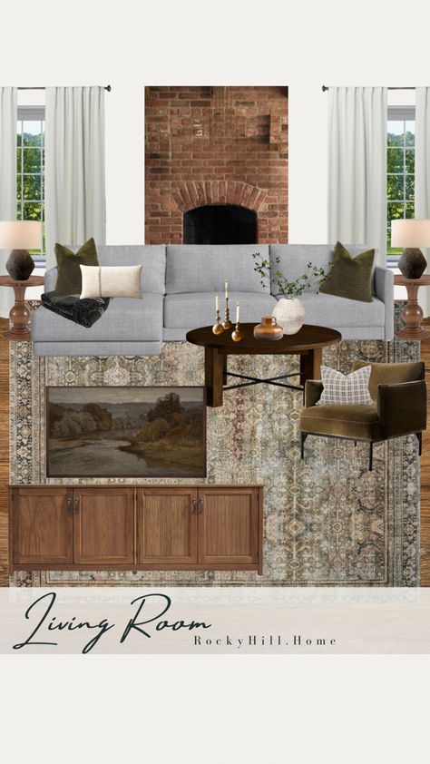 Living room with gray sofa and red brick fireplace Curtain Frame, Dark Wood Living Room, Gray Sectional Living Room, Long Tv Stand, Dark Wood Coffee Table, Amber Vase, Red Brick Fireplaces, Moody Living Room, Gray Sectional