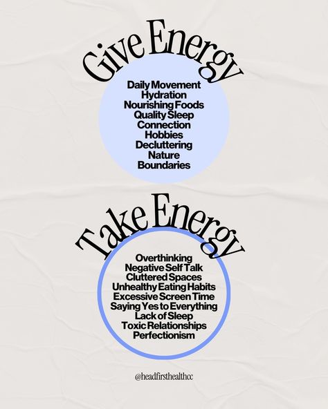 Your energy is precious. Some things lift you up and other things bring you down. The more you notice what gives you energy, and what takes energy from you the more fulfilling your life can feel. #headfirsthealth #EnergyBalance #SelfCare #MindBodyWellness #HolisticHealth #therapistmemes Check Your Energy, Nourishing Foods, Lack Of Sleep, Perfectionism, Time Quotes, Self Talk, Food Quality, Low Energy, Toxic Relationships