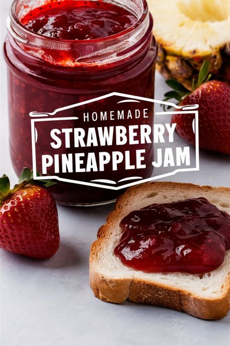 A jar of strawberry pineapple jam next to a piece of toast and jam, with overlay text "homemade strawberry pineapple jam," highlighting a delicious and easy jam recipe perfect for canning jams and healthy canning. Rhubarb Pineapple Jam, Jam Recipes Strawberry, Strawberry Pineapple Jam, Using Frozen Strawberries, Strawberry Canning, Canning Pineapple, Rhubarb Squares, Pineapple Jam Recipe, Pineapple Food