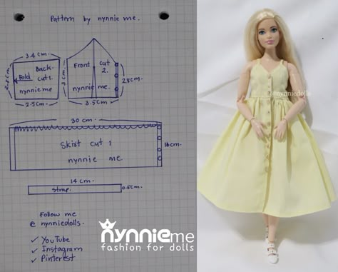 Pattern for Barbie Curvy by nynnie me (DIY How to make on YouTube@nynniedolls) Barbie Outfits Diy, Nynnie Me Patterns, Curvy Barbie Clothes, Curvy Pattern, Diy Doll Clothes Patterns, Barbie Dress Pattern, Sewing Barbie Clothes, Barbie Sewing Patterns, Barbie Wardrobe