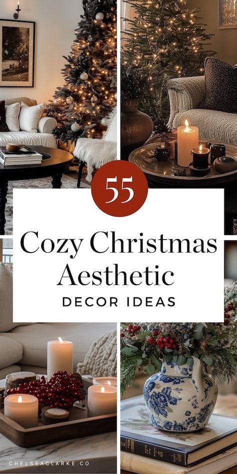 If your holiday dreams include sipping cocoa by the fire wrapped in a warm blanket, then you’re after that perfect cozy Christmas aesthetic. This look is all about creating an environment that feels warm, inviting, and delightfully festive. In this guide to cozy Christmas aesthetic decor, I'll show you how to decorate with simple, vintage-inspired ornaments and decor this Holiday season. The key to achieving a cozy Christmas aesthetic is balancing comfort with charm, making sure your space is a warm haven that invites everyone to stay a little longer. Ready to make your holiday season the coziest yet? Dive into these cozy Christmas living room decor ideas to perfect your space! How To Decorate Living Room For Christmas, Warm And Cozy Christmas Decor, Cozy Holiday Aesthetic, Home For The Holidays Aesthetic, Xmas Decorations Living Room, Christmas Apartment Aesthetic, Holiday Decor Aesthetic, Simple Christmas Decorations Living Room, Christmas Decor Ideas For Living Room Cozy