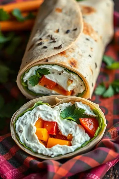 Vegetable wrap filled with creamy white cheese, red and yellow bell peppers, garnished with parsley. Quick Veggie Lunch, Easy Veggie Wraps For Lunch, Lunches For Men, Vegetarian Work Lunches, Lunch Ideas Vegetarian, Office Lunch Ideas, Wraps For Lunch, Herbed Cream Cheese, Roasted Vegetable Couscous