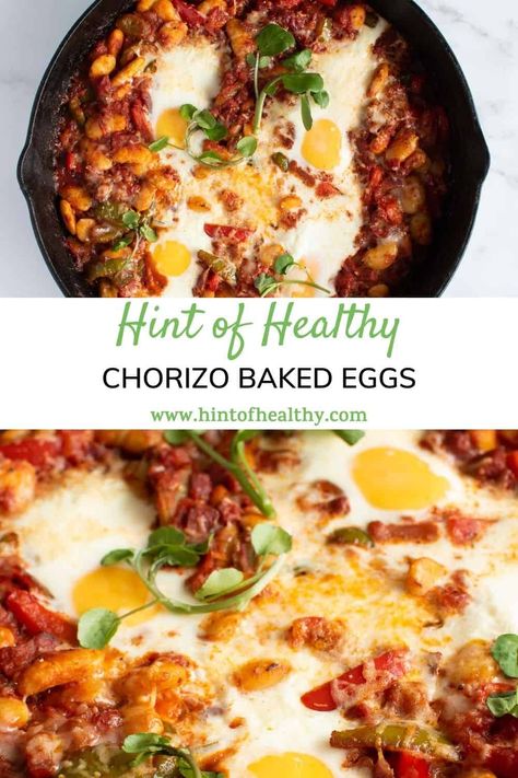 Chorizo Shakshuka (Baked Eggs) Spanish Baked Eggs, Egg Breakfast Recipes Easy, Tomato Breakfast, Chorizo Breakfast, Chorizo And Eggs, Breakfast Recipes Easy Quick, Healthy Egg Breakfast, Healthy Brunch Recipes, Healthy Brunch