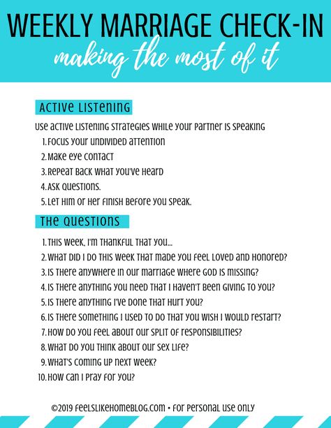 Use these marriage check in questions for your next marriage check up. Whether you have a daily, weekly, or monthly checkup, these insightful questions will be useful. To learn how to have a marriage checkup with your spouse, just click on the image for my step-by-step guide. #marriage #strongmarriage Marriage Ideas Things To Do, Improving Communication In Marriage, Communication Tips Couples, Better Communication Marriage, How To Improve Marriage, Couples Weekly Check In, Weekly Couple Check In, Marriage Questions Communication, Dating In Marriage