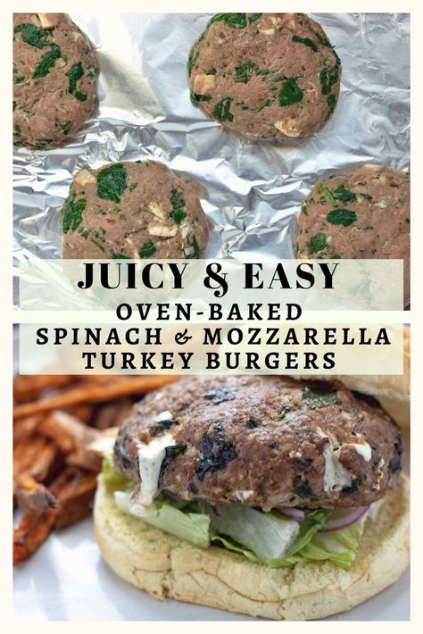 Juicy & flavorful, these Spinach & Mozzarella Turkey Burgers are baked in the oven for a healthy and easy dinner or lunch recipe, perfect over a salad or on a multigrain bun. #turkeyburgers #healthyrecipes #easyrecipe #burger Baked Turkey Burgers, Spinach Mozzarella, Turkey Ideas, Greek Turkey Burgers, Easy Dinner Options, Beef Meals, Turkey Burger Recipes, Baked Turkey, Lunch Recipe