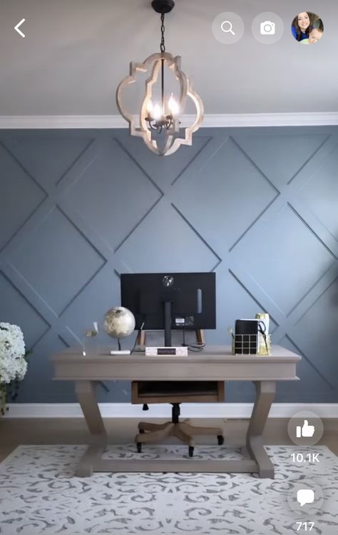 Office Moulding Design, Home Office Waynes Coating, Dusty Blue Board And Batten Wall, Home Office Blue Walls White Desk, Shiplap Office Wall Ideas, Accent Wall Library, Wood Accent Wall Office, Navy Blue Wall Moulding, Office Walls Ideas