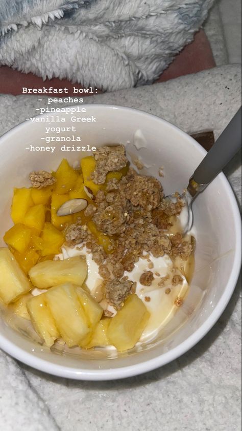 - 2 cups vanilla greek yogurt - 1 cup chopped peaches - 1 cup pineapple - 1/2 cup granola Pineapple Yogurt Bowl, Healthy Food Inspiration, Yogurt Bowl, Vanilla Greek Yogurt, Breakfast Bowls, Greek Yogurt, Pot Roast, Oats, Yogurt