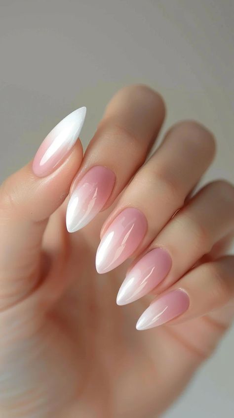 Top 40 Frombre French Manicure Ombre Nail Designs Trending Right Now Ombre Nail Designs French, Ombre Nail Pink And White, Nail Inspo Ombre Pink, Fancy French Tips Nails, Colores French Tip Nails, Ombre French With Chrome, Pink And White Ombre Nails With Chrome, Pearl Acrylic Nails Almond, Nails To Wear To A Wedding