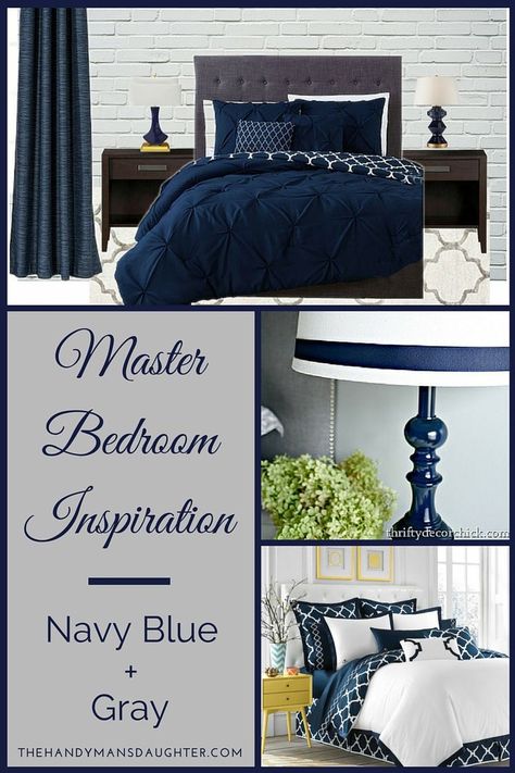 Our master bedroom needs an update, and I'm dreaming of a navy blue and gray color scheme that works with our existing dark wood furniture. Blue And Gray Bedroom, Sea Cottage, Dark Brown Furniture, Bedroom Needs, Navy Bedrooms, Bedroom Color Combination, Bedroom Redesign, Dark Wood Furniture, Room Styles