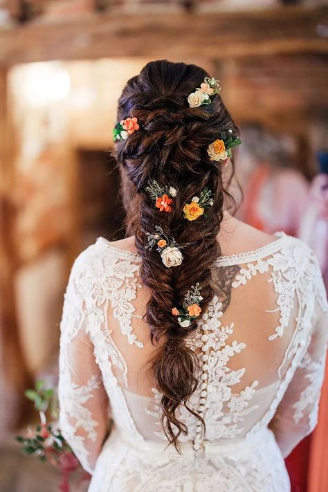 Wedding Braid With Flowers, Braid Wedding Hair With Veil, Wedding Hair Braid With Flowers, Bridal Hair Braid With Flowers, Braid With Flowers Wedding, Braided Wedding Hairstyles With Flowers, Long Braid With Flowers, Flowers In Braid, French Braid With Flowers