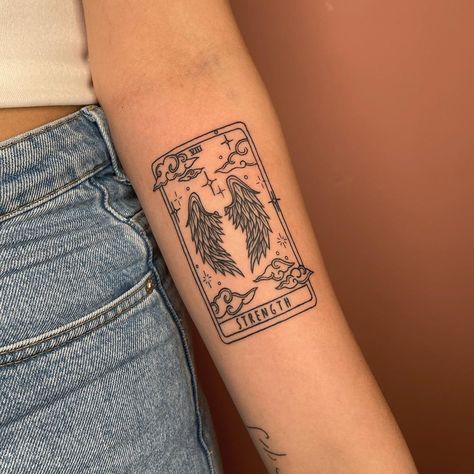 Body Branding, Tarot Tattoos, Strength Tarot Card, Witchy Tattoos, Empowering Tattoos, Strength Tarot, Tarot Tattoo, Strength Tattoo, Hip Tattoo