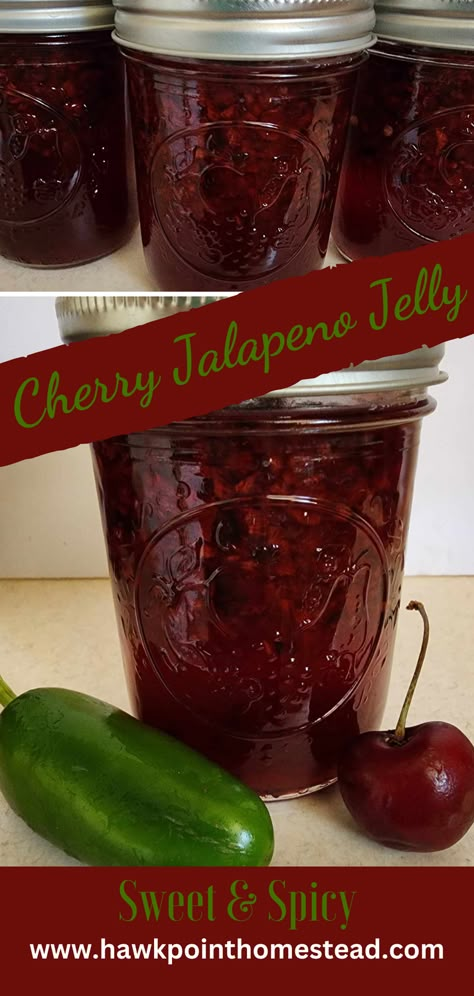 This sweet and spicy cherry jalapeno jelly recipe is an easy recipe for making and canning such a delicious jelly. The cherry jalapeno jelly wonderful to serve at any get-together. When paired with cream cheese and crackers, no one can resist! It can also be used as a delicious glaze on different meats, such as chicken and pork chops. Homemade jelly is such a great gift, especially this yummy pepper fruity jelly that can be used in so many delicious ways! Cherry Pepper Jelly Recipe, Cherry Jalapeno Jam Recipe, Cherry Jalapeno Jelly Recipe, Jalapeno Jelly Recipe Canning, Pineapple Pepper Jelly Recipe, Cherry Pepper Jelly, Strawberry Jalapeno Jelly Recipe, Herb Jelly, Homemade Jelly Recipe