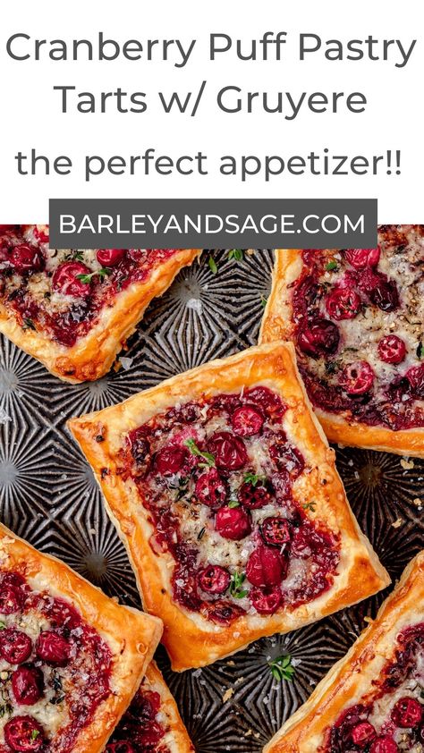 These cranberry puff pastry tarts are an easy, savory treat that come together in just 20 minutes! Layered with puff pastry, gruyere cheese, cranberries, and thyme, they're the perfect wintery appetizer! They're a great way to use up leftover cranberry sauce from Thanksgiving or Christmas! Puff Pastry Gruyere, Cranberry Puff Pastry, Cranberry Tart Recipe, Puff Pastry Tarts, Puff Pastry Recipes Savory, Cranberry Tart, Cream Cheese Appetizer, Favorite Pie Recipes, Pastry Appetizer