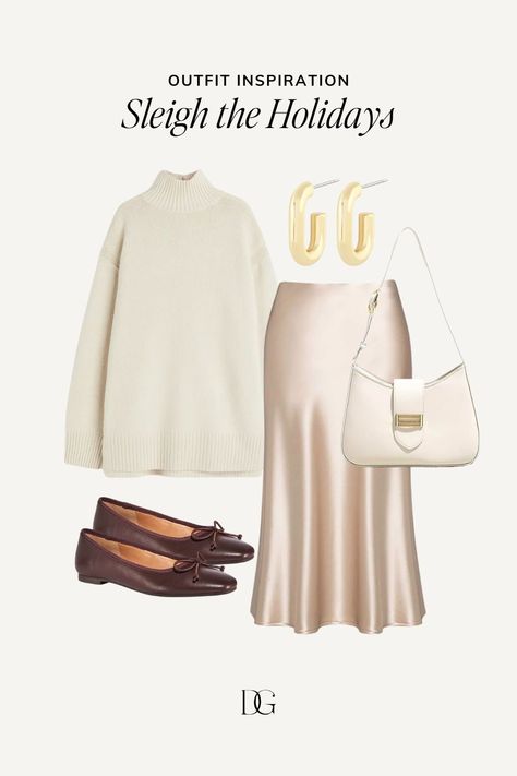 Easy holiday outfits | holiday outfit ideas, casual holiday outfit, festive outfit, christmas party outfit, holiday outfits christmas party, midi skirt outfit, ballet flats outfit Beige Holiday Outfit, Christmas Outfit Ideas For Women Party, Holiday Outfits Christmas Party, Outfit Ballet Flats, Christmas Eve Outfits, Holiday Dinner Outfit, Ootd Christmas, Outfit Christmas Party, Paris Wardrobe