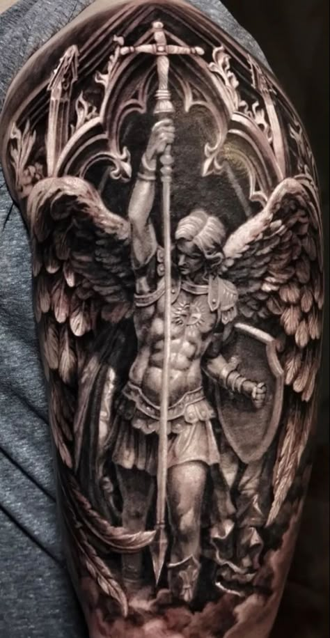 Leg Tattoos Men, Men Tattoos Arm, Tattoos Arm Sleeve, Angel Warrior Tattoo, Archangel Michael Tattoo, St Michael Tattoo, Guardian Angel Tattoo, Archangel Tattoo, Half Sleeve Tattoos