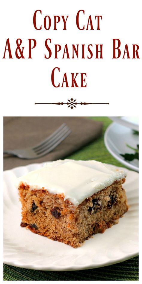 Copy Cat A&P Spanish Bar Cake has all the warm spices we love.  It's filled with plump soft raisins , walnuts and topped with a cream cheese frosting. via @https://www.pinterest.com/BunnysWarmOven/bunnys-warm-oven/ A&p Spice Bar Cake, Spanish Spice Bar Cake, Spice Bar Cake Recipe, Spice Cake With Raisins Recipe, Spice Cake With Raisins, Spanish Bars, Spice Cake Recipes With Raisins, Raisin Spice Cake, Spice Bars