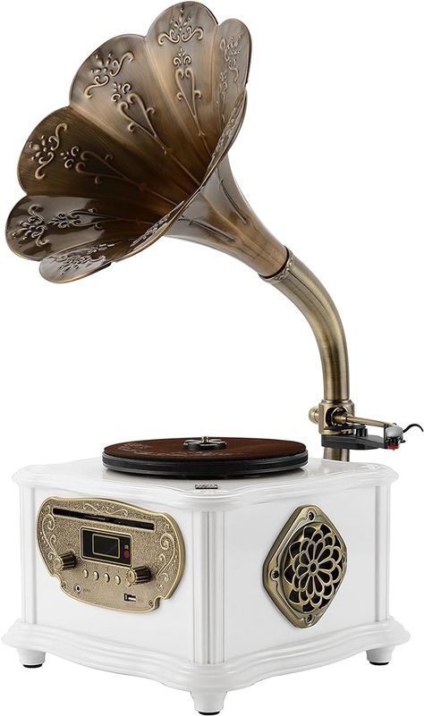 Amazon.com: Gramophone Phonograph Turntable Vinyl Record Player Home Decoration Built-in Bluetooth, FM Radio & USB Flash Drive, Aux-in Jack, CD Player with Alloy Base and Copper Horn : Electronics Bluetooth Gramophone, Phonograph Record, Turn Table Vinyl, Vinyl Record Player, Amazon Devices, Stereo Speakers, Cd Player, Record Player, Fm Radio