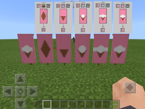 How to make an ice cream banner Strawberry Banner Minecraft, Minecraft Ice Cream Machine, Ice Cream Banner Minecraft, Minecraft Ice Cream, Ice Cream Machine Minecraft, Ice Cream Truck Minecraft, Minecraft Ice Cream Shop, Ice Cream Banner, Minecraft Blocks