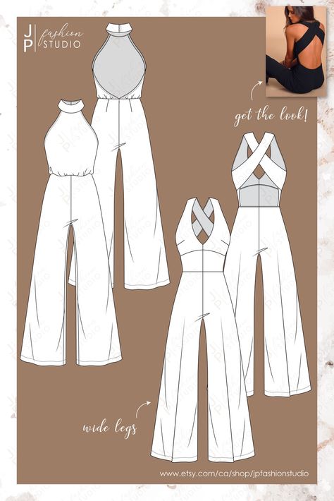 Pattern For Jumpsuit For Women, Jumpsuit Flat Drawing, Pattern Jumpsuit Woman, Sewing Clothes Women Patterns, Diy Fashion Clothing Sewing Patterns, Clothing Design Template, Flat Pattern Fashion, Jumpsuit Flat Sketch, Clothes Design Template