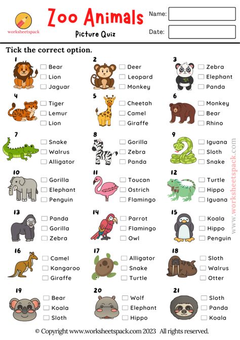 Animal Quiz, Free Printable Animal Picture Test - worksheetspack Animals Around The World Activities, Worksheet Animals For Kids, English Test For Kids, Animal Worksheets For Kids, English For Kindergarten, Animals Activities For Kids, Printable Animal Pictures, English Animals, Learning Animals