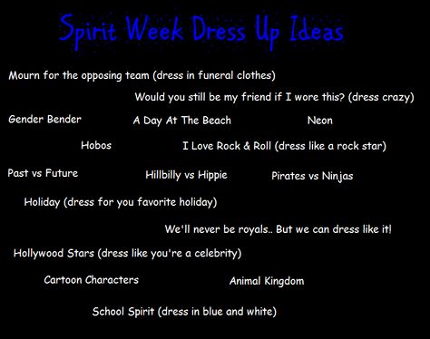 Spirit Week ideas Spirit Week Themes Highschool, Highschool Yearbook Ideas, Student Council Activities, School Spirit Ideas Pep Rally, Pep Rally Themes, Spirit Week Ideas, Spirit Weeks, Spirit Week Themes, Spirit Day Ideas