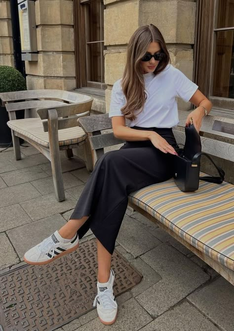 What to Wear in Paris: Your Ultimate Guide to Chic & Appropriate Attire | European Fashion Beige Spezial Adidas Outfit, Tzniut Outfits, Sambas Adidas Women Outfit, Italy Clothes, Milan Outfits, Silk Skirt Outfit, Samba Outfits, Looks Adidas, Satin Skirt Outfit