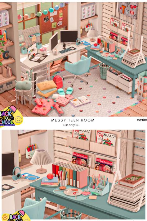 The Sims 4 messy teen bedroom interior Back to School Collab. Download at @thesimsresource #ShowUsYourBuilds #thesims4 #Sims4 #sims4game #ts4house #ts4build #ts4builds #ts4nocc #ts4mm #simsbuilds #ts4 #sims4housebuild #sims4house #sims4home #sims5 #sims4build #simshousedesign #thesims4housebuild . Download here: https://www.thesimsresource.com/downloads/1715559 Ts4 Bedroom Clutter, Sims 4 Building Cc Bedroom, Messy Sims 4 Cc, Ts4 Dorm Cc, Ts4 Cc Mm Furniture, Sims 4 Messy Room Cc, Sims 4 Messy Clutter, Sims 4 Teen Clutter, Teen Room Cc Sims 4