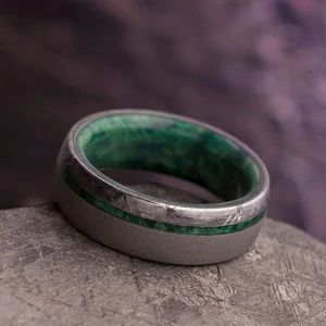 Green Wedding Band, Gibeon Meteorite, Meteorite Jewelry, Box Elder, Inlay Jewelry, Meteorite Ring, Green Box, Green Rings, Wood Inlay