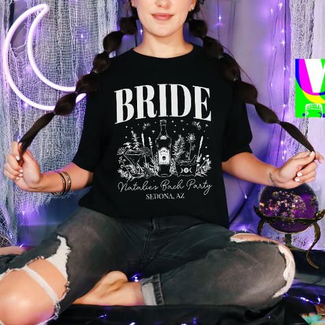 Bride's Coven Witchy Bachelorette Party Custom T-Shirt Witchy Bachelorette, Gothic Wedding Theme, Celestial Elements, Bridesmaid Tshirts, Romantic Theme Wedding, Bridesmaid Shirts, Bridal Party Shirts, Bach Party, Bachelorette Shirts