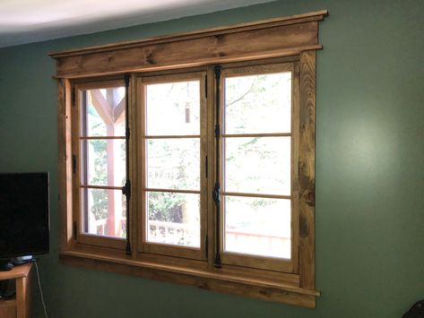 Knotty Alder Window Casing, Cedar Framed Windows, Stained Wood Window Trim, Natural Wood Window Trim, Bunkie Decor, Wooden Window Trim, Rustic Trim Ideas, Rustic Window Trim, Wood Framed Windows