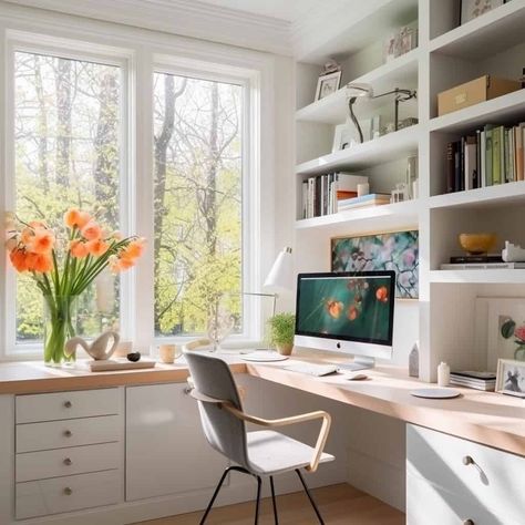 Home Office Desk Under Window, Small Home Office Design, Ergonomic Furniture, Ergonomics Furniture, Office Remodel, Small Home Offices, Home Library Design, Office Inspo, House Office