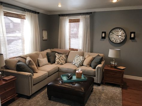 Behr Downtown Gray, cream couch Downtown Gray Behr Paint, Beige Living Room Paint, Beige And Grey Living Room, Beige Living Room Decor, Paint Room, Beige Bank, Tan Living Room, Beige Living Room, Grey Furniture Living Room