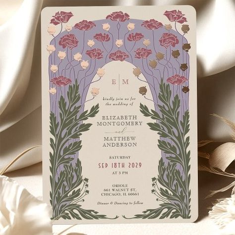 Green White Purple Wedding, Purple Wedding Invite, Green And Purple Wedding Invitations, Nouveau Wedding Invitations, Wedding Invitations Purple, Rose Gold Foil Invitations, Art Nouveau Wedding Invitation, Vintage Floral Wedding Invitations, Purple Invitation