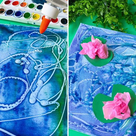 Claude Monet Art for Kids – Impressionist-Inspired Process Art - Friends Art Lab Claude Monet For Kids Art Lessons, Monet Inspired Art For Kids, Preschool Artist Theme, Preschool Art Gallery, Lily Pad Craft, Monet Art Projects For Kids, Monet Inspired Art, Wild Daffodils, Watercolor Art Kids