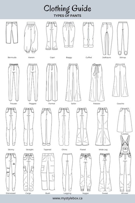 Types Of Pants Drawing, Drawing Of Clothes Outfits, Guide To Pants, Types Of Pants Illustration, Clothing Guide Types Of Dresses, Type Of Pants Women, Sketching Clothes For Beginners, Different Types Of Pants For Women, Pants Sketch Fashion Illustrations