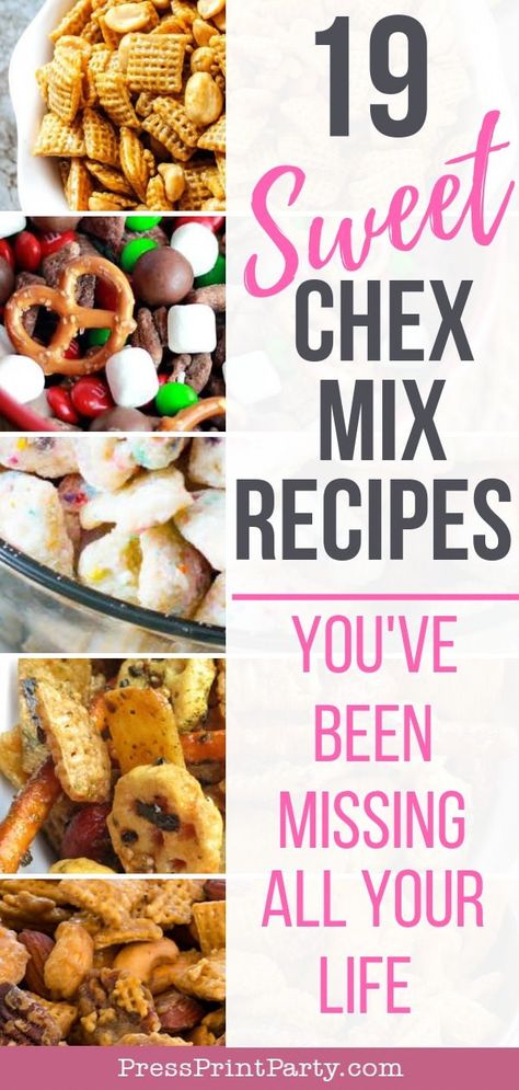 19 SWEET CHEX MIX RECIPES -From the original puppy chow (or muddy buddies) to to more decadent or healthy options. Learn how to use your crock pot (slow cooker) or microwave for the best party mix, or make Christmas presents with green and red m&ms. Most of these recipes are gluten free. Make Easy homemade Chex Mix with peanut butter, caramel and chocolate. Even a Churro inspired mix. For kids birthdays or football parties -Press Print Party!#chexmixrecipes #partyfood #recipes #chexmagic #noel Sweet Chex Mix Recipes, Healthy Chex Mix, Easy Puppy Chow, Chex Mix Recipes Sweet, Chex Mix Recipes Original, Sweet Chex Mix, Sweet Chex, Puppy Chow Chex Mix Recipe, Homemade Chex Mix