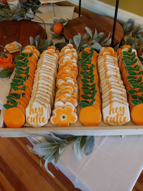 Little cutie themed baby shower royal icing decorated cookies Cutie Orange 1st Birthday, Cuties Dessert Table, Clementine Themed Party, Cutie Patootie Birthday, Cutie Gender Reveal Cake, What Will The Cutie Be, Cutie Baby Shower Theme Decor, Orange Theme Dessert, Cutie Cookies Ideas